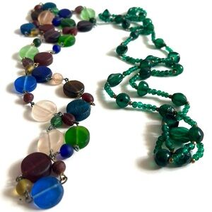 Vintage Lot Of 2 Long Glass Bead Strand Necklaces Green And Multi